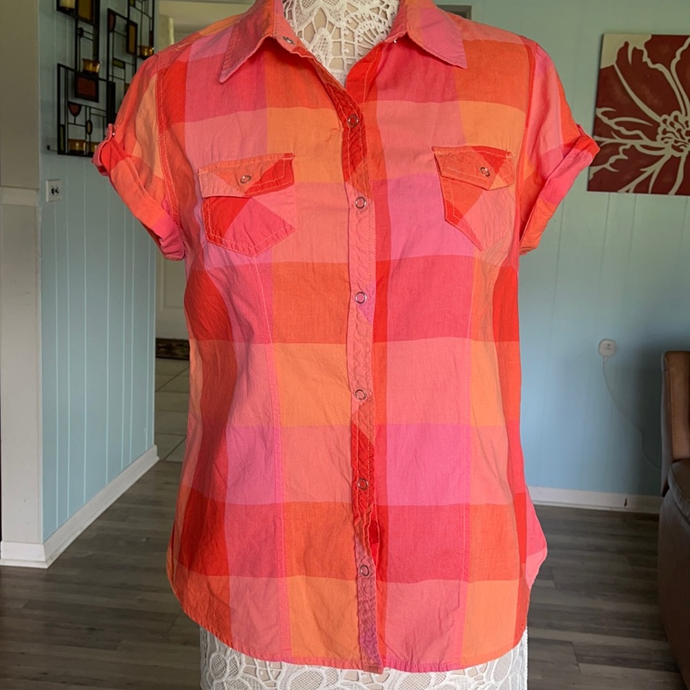Faded Glory pink and orange plaid shirt